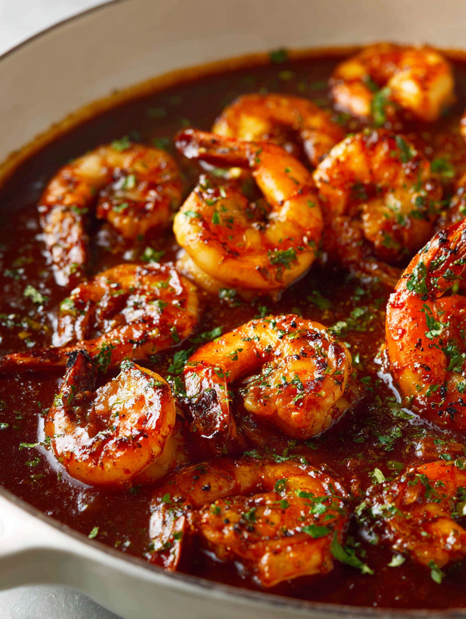 A bowl of shrimp in a brown sauce.