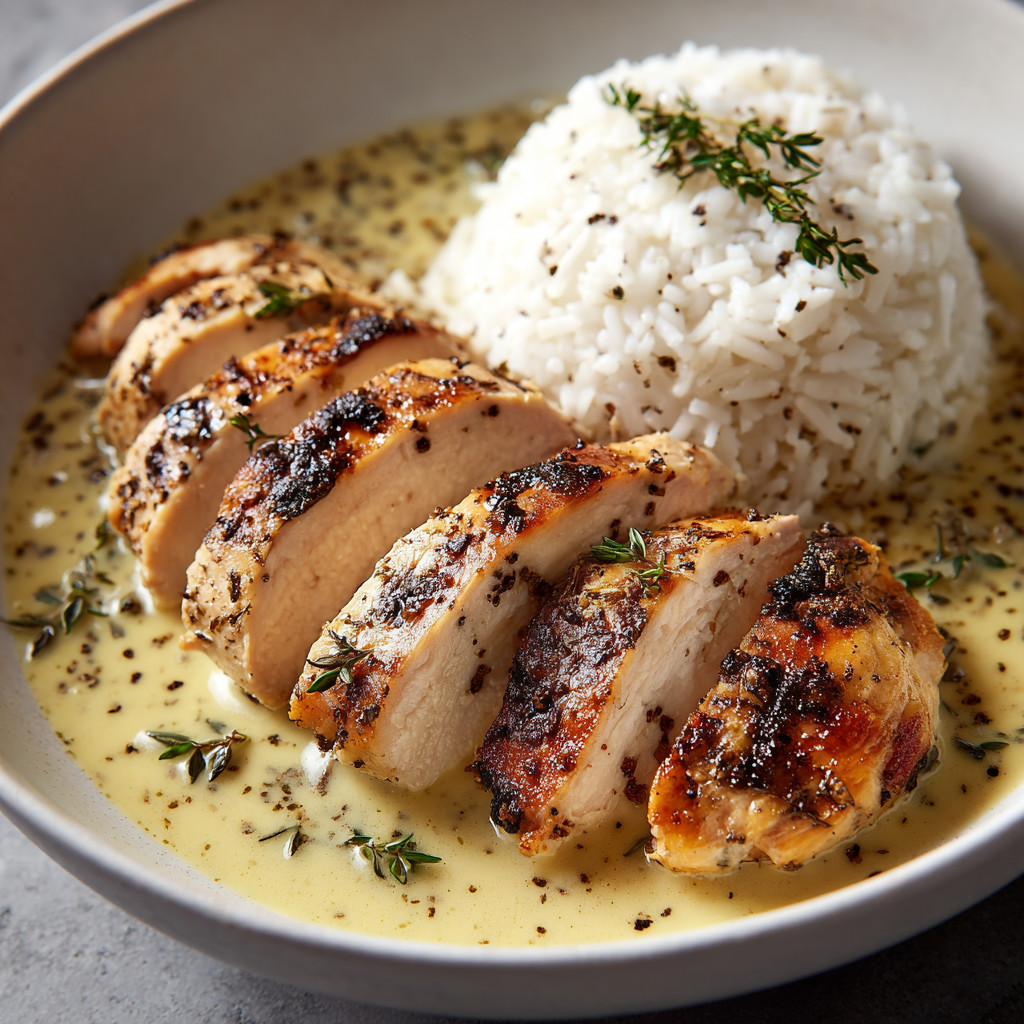 A bowl of rice and chicken.