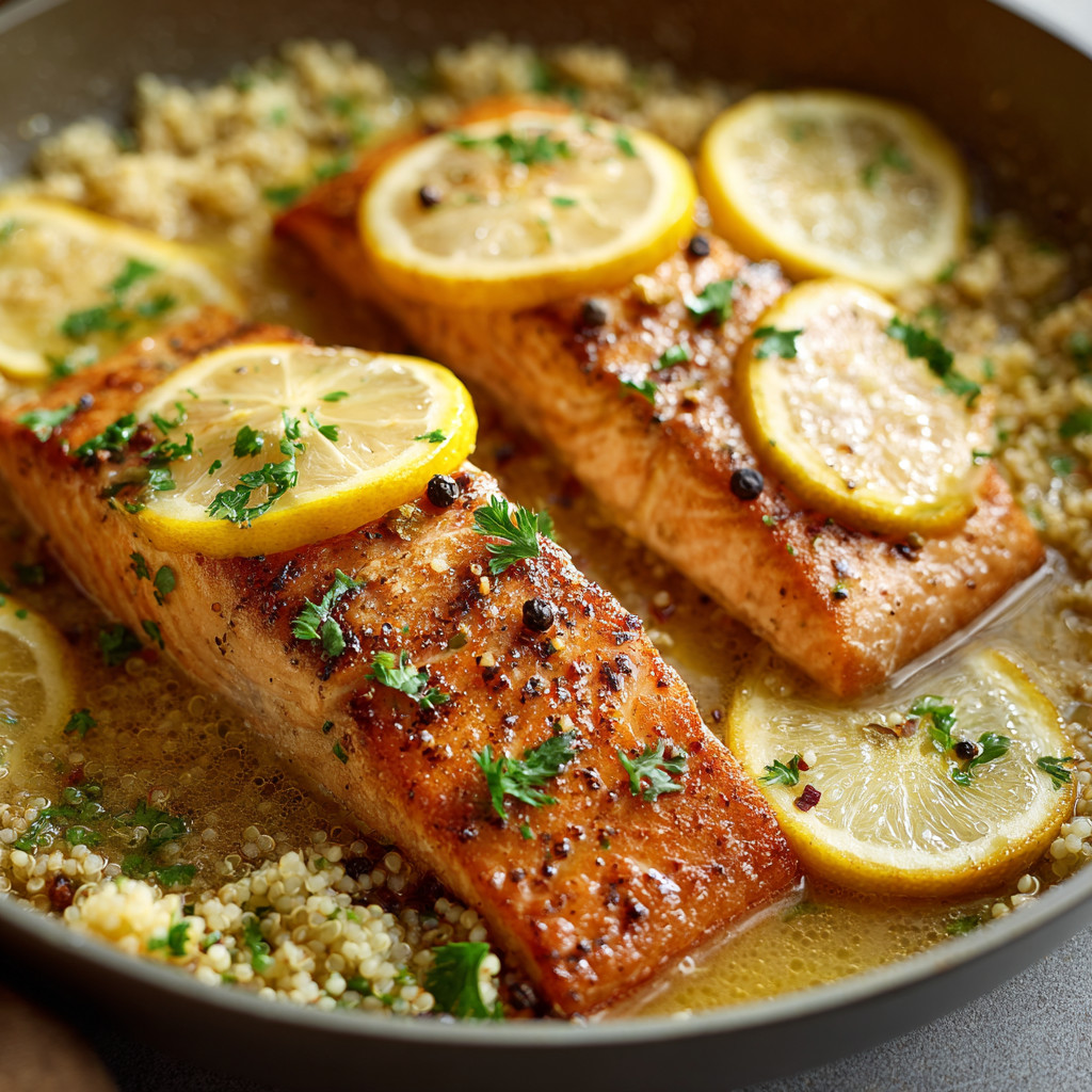 A pan of fish with lemon slices on top.