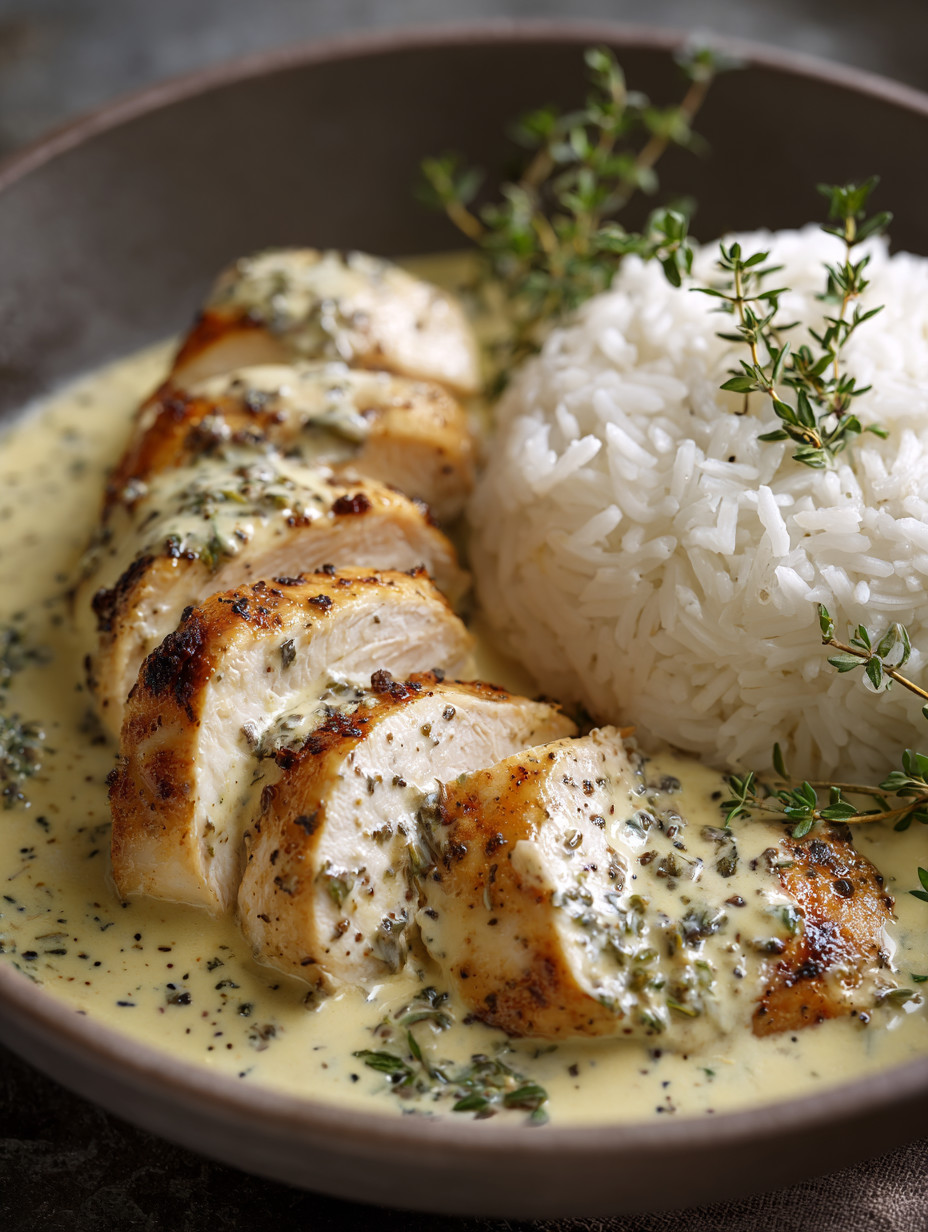 A bowl of rice with chicken and herbs.