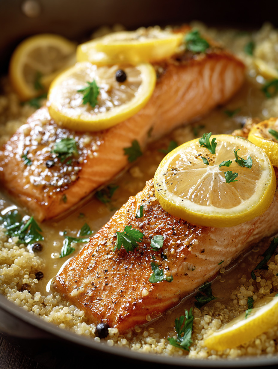 A dish of fish with lemon slices on top.