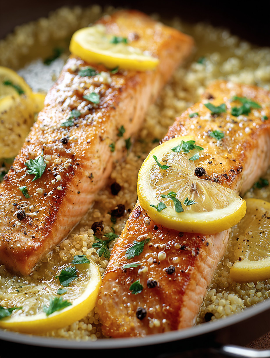 A pan of fish with lemon slices on top.
