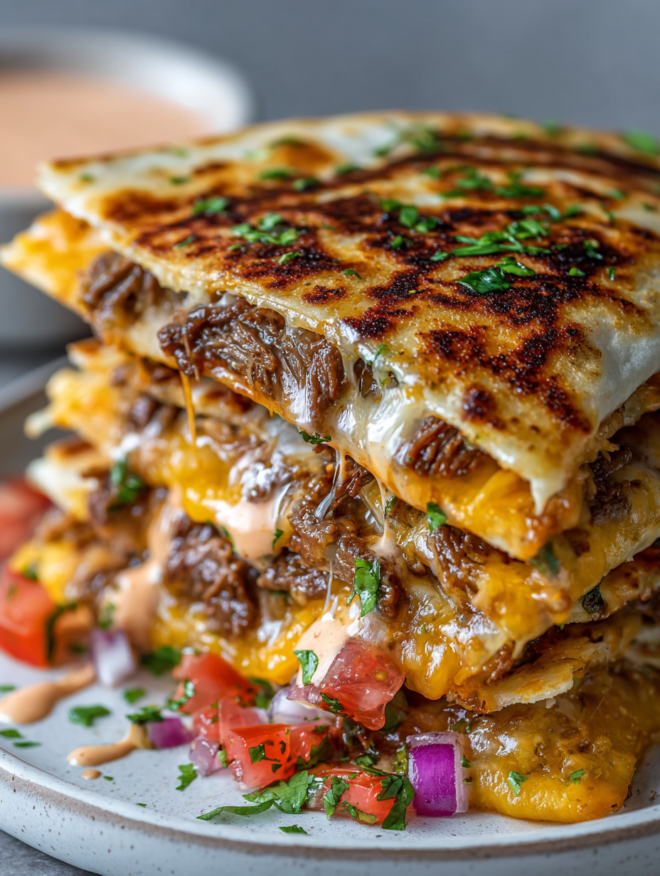 A stack of beef enchiladas with tomatoes and cheese.