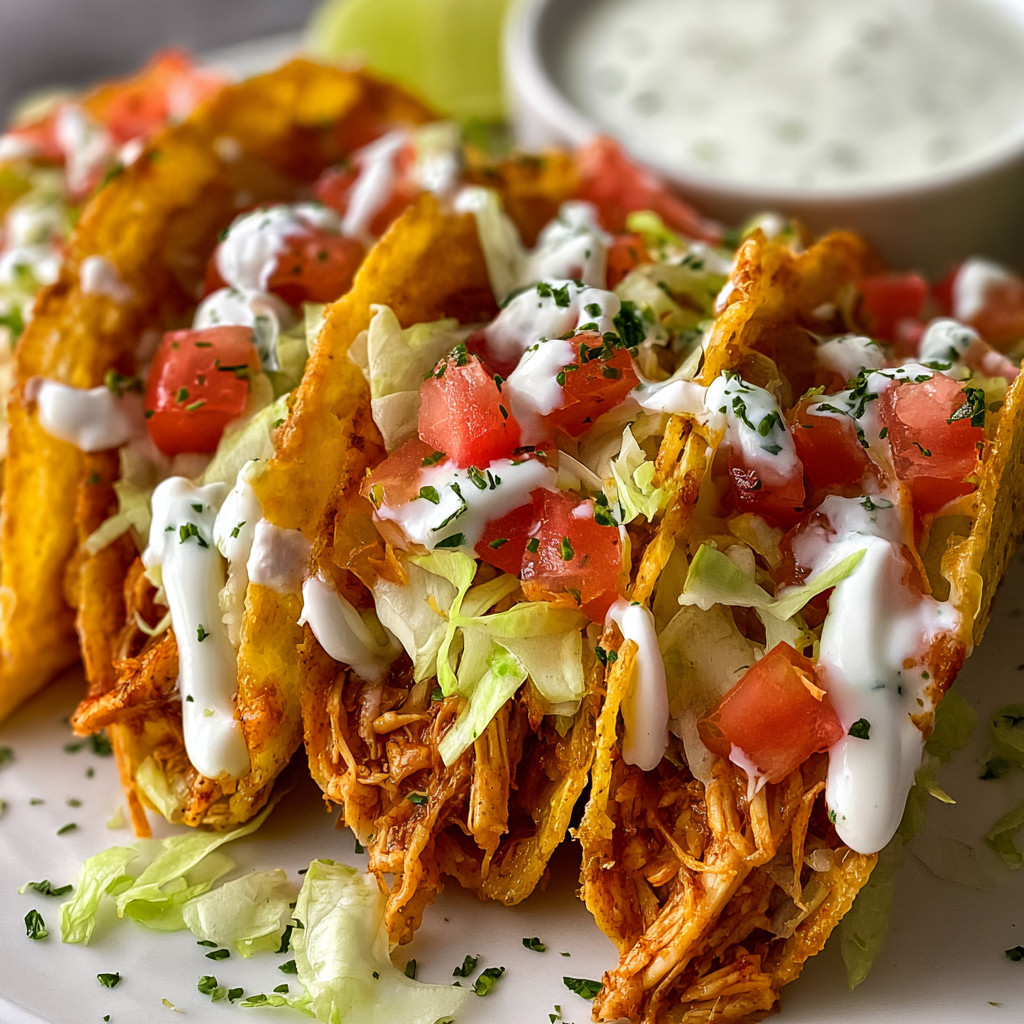 A plate of tacos with sour cream and tomatoes.