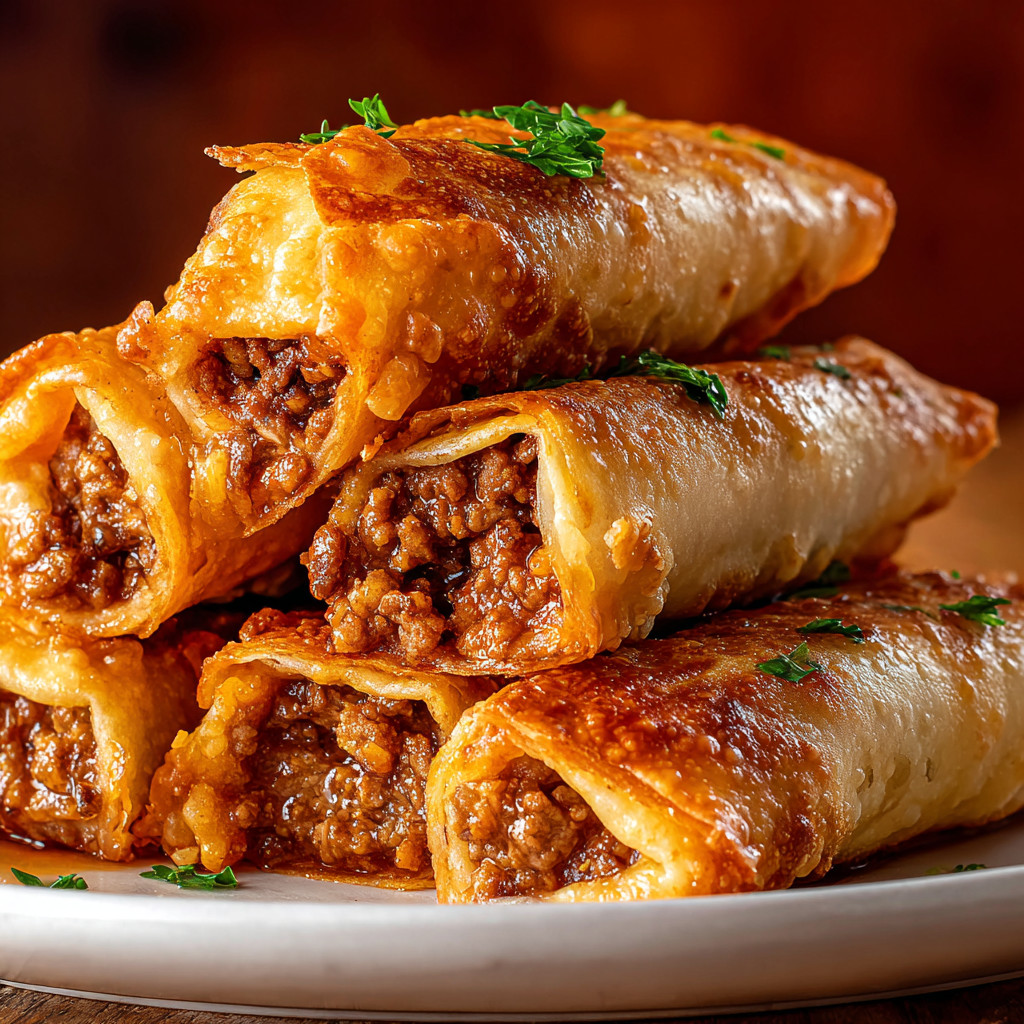 A stack of meat filled pastries.