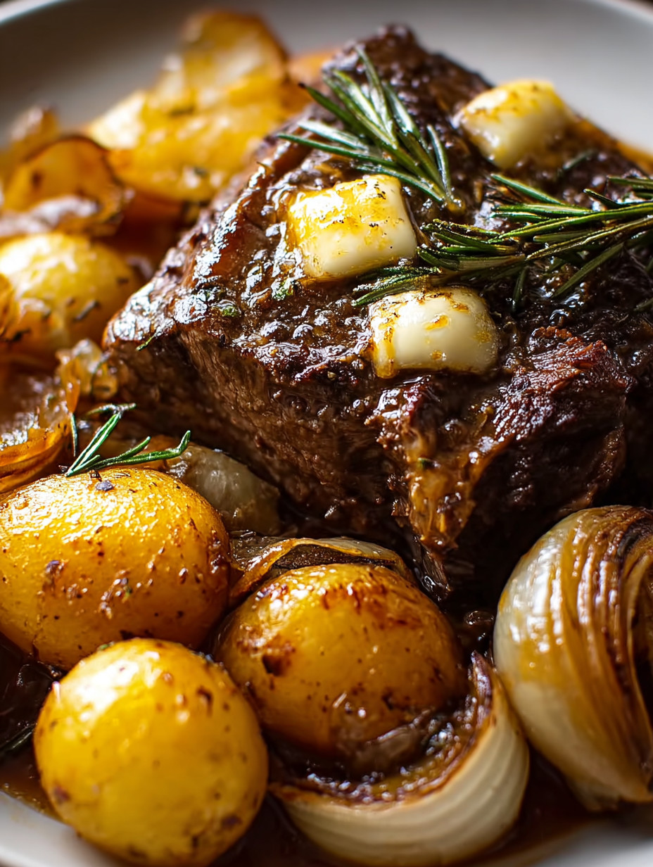 A close up of a roast with potatoes and onions.