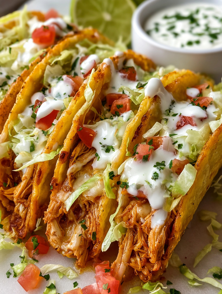 A plate of tacos with white sauce.