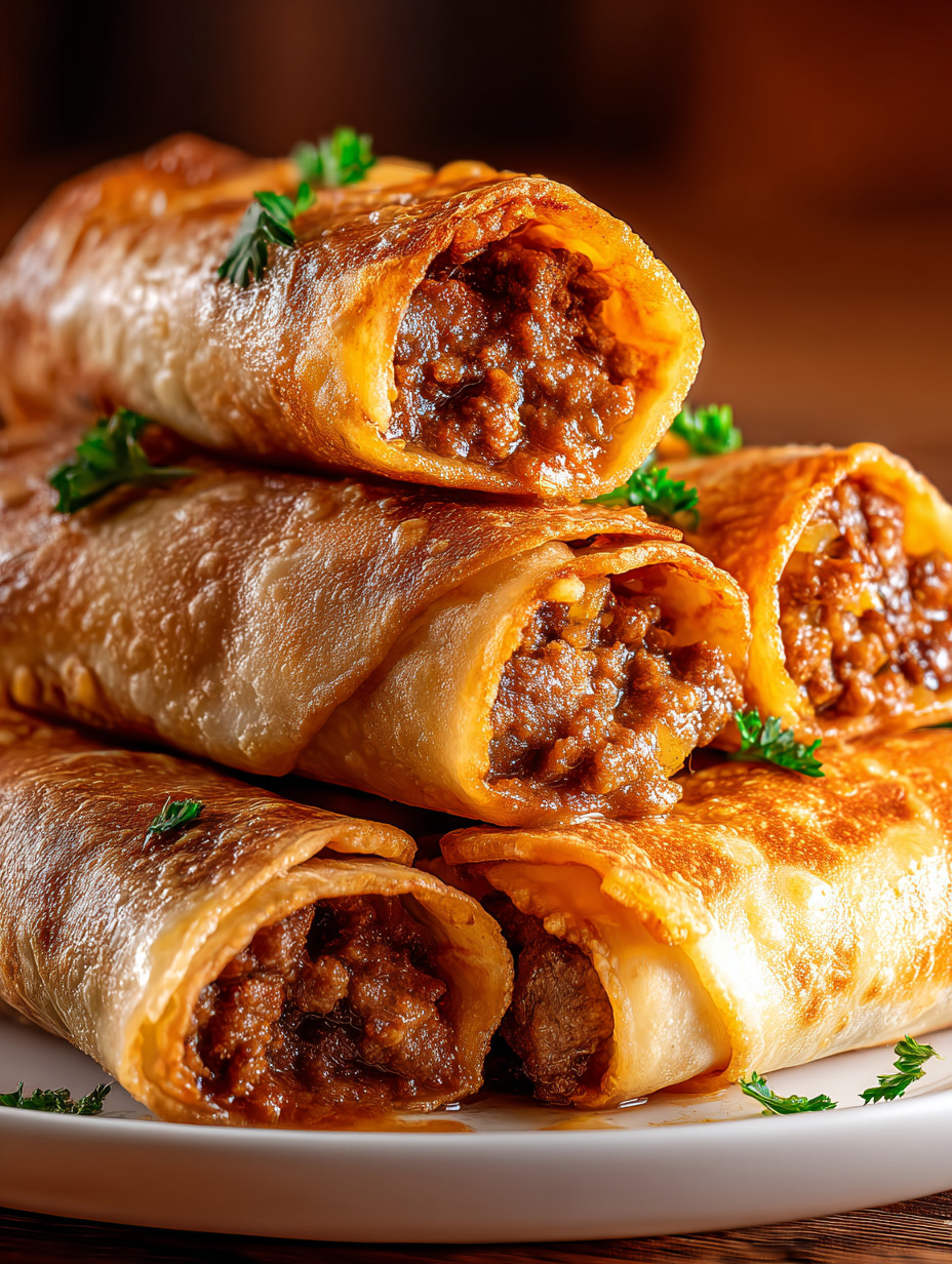 A stack of meat filled wraps.