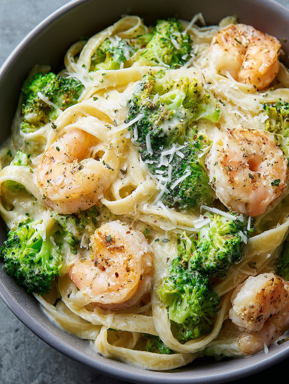 A bowl of pasta with shrimp and broccoli.