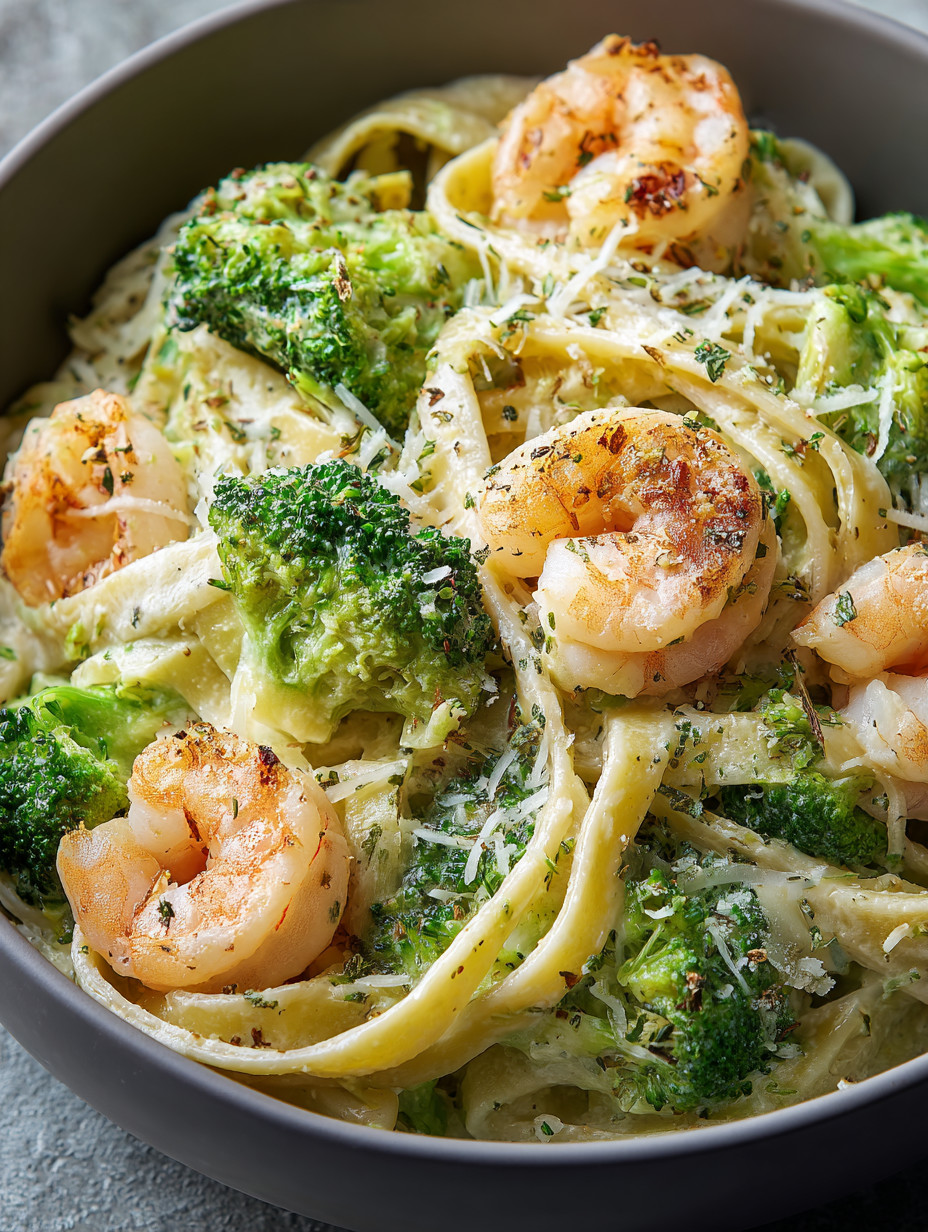 A bowl of pasta with shrimp and broccoli.
