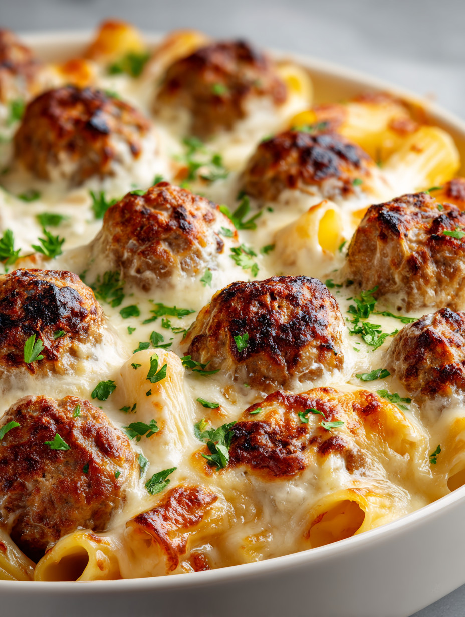 A bowl of pasta with meatballs and cheese.