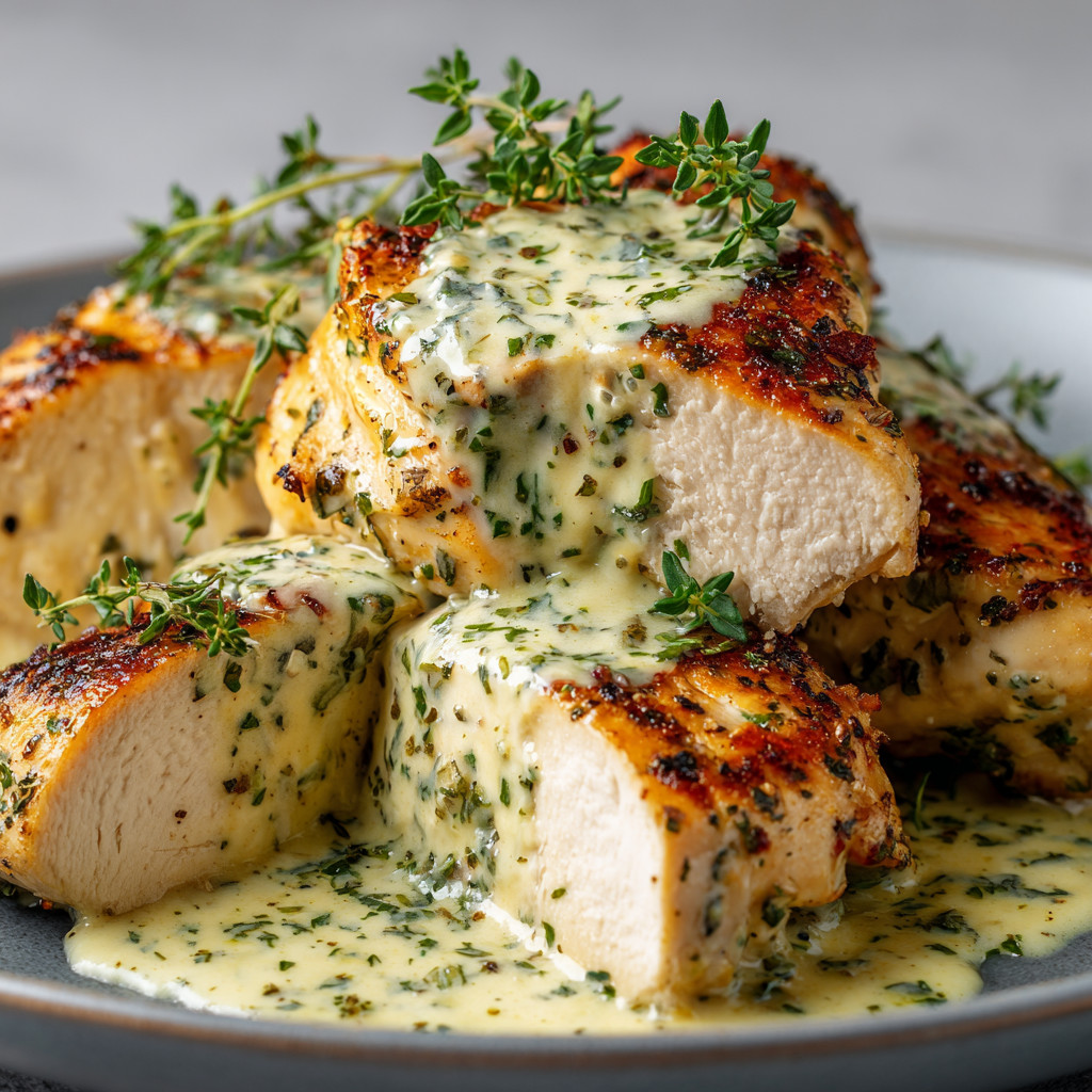 A plate of chicken with sauce.