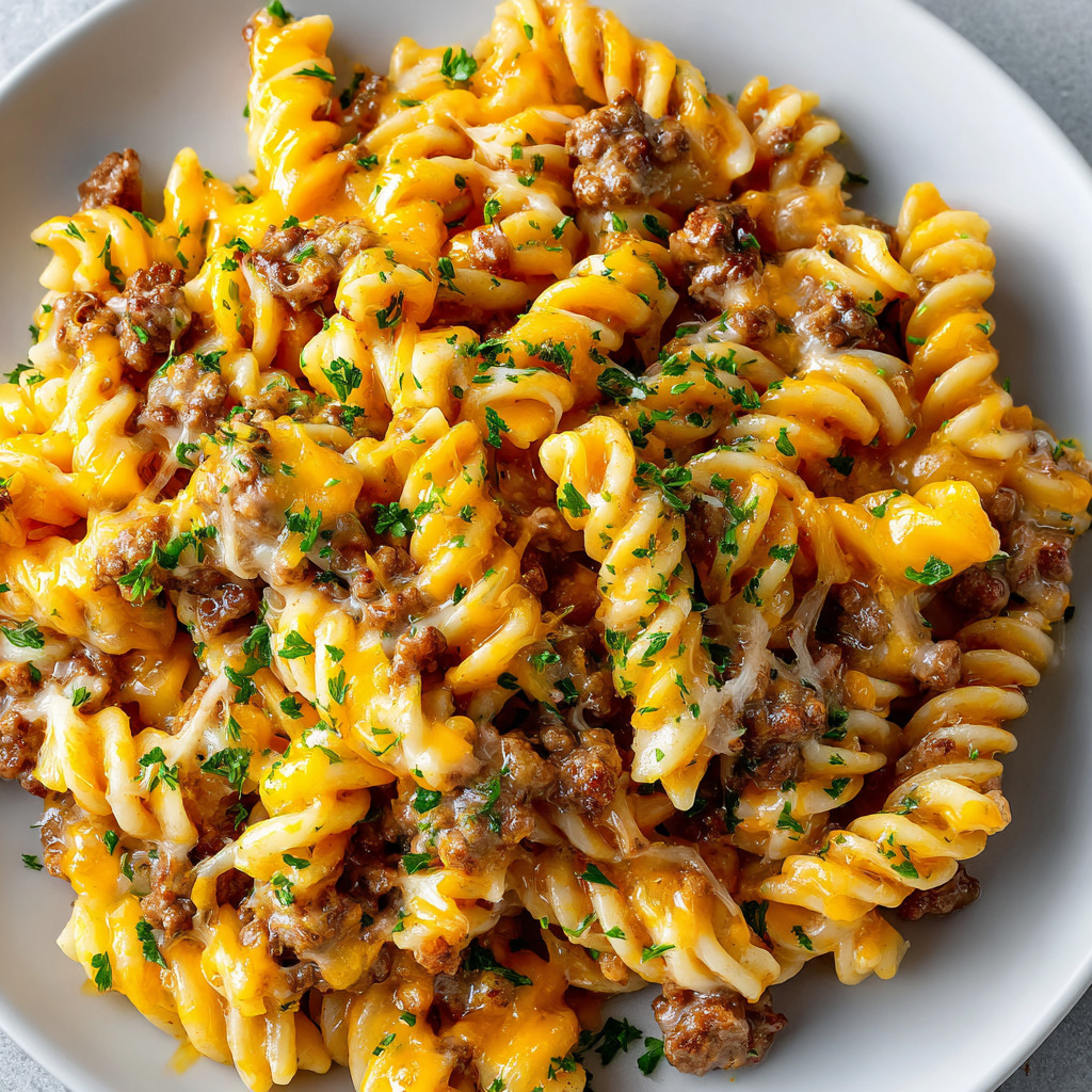 A plate of pasta with meat and cheese.