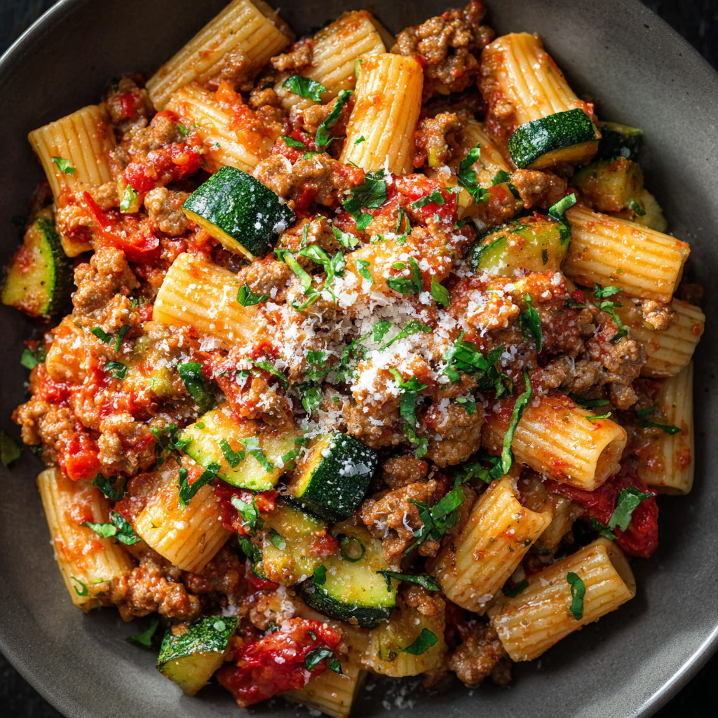 A bowl of pasta with meat and vegetables.