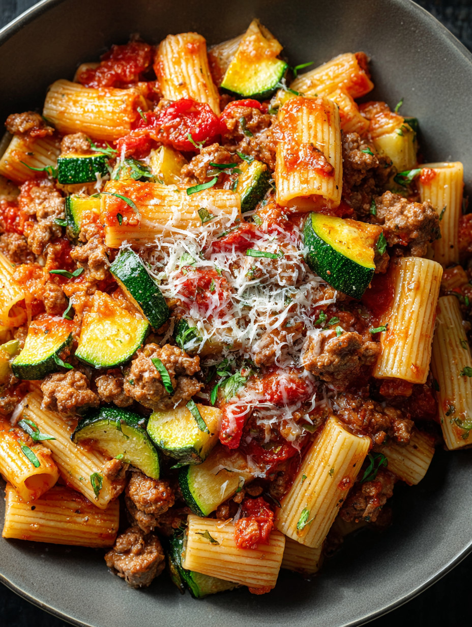 A bowl of pasta with meat and vegetables.