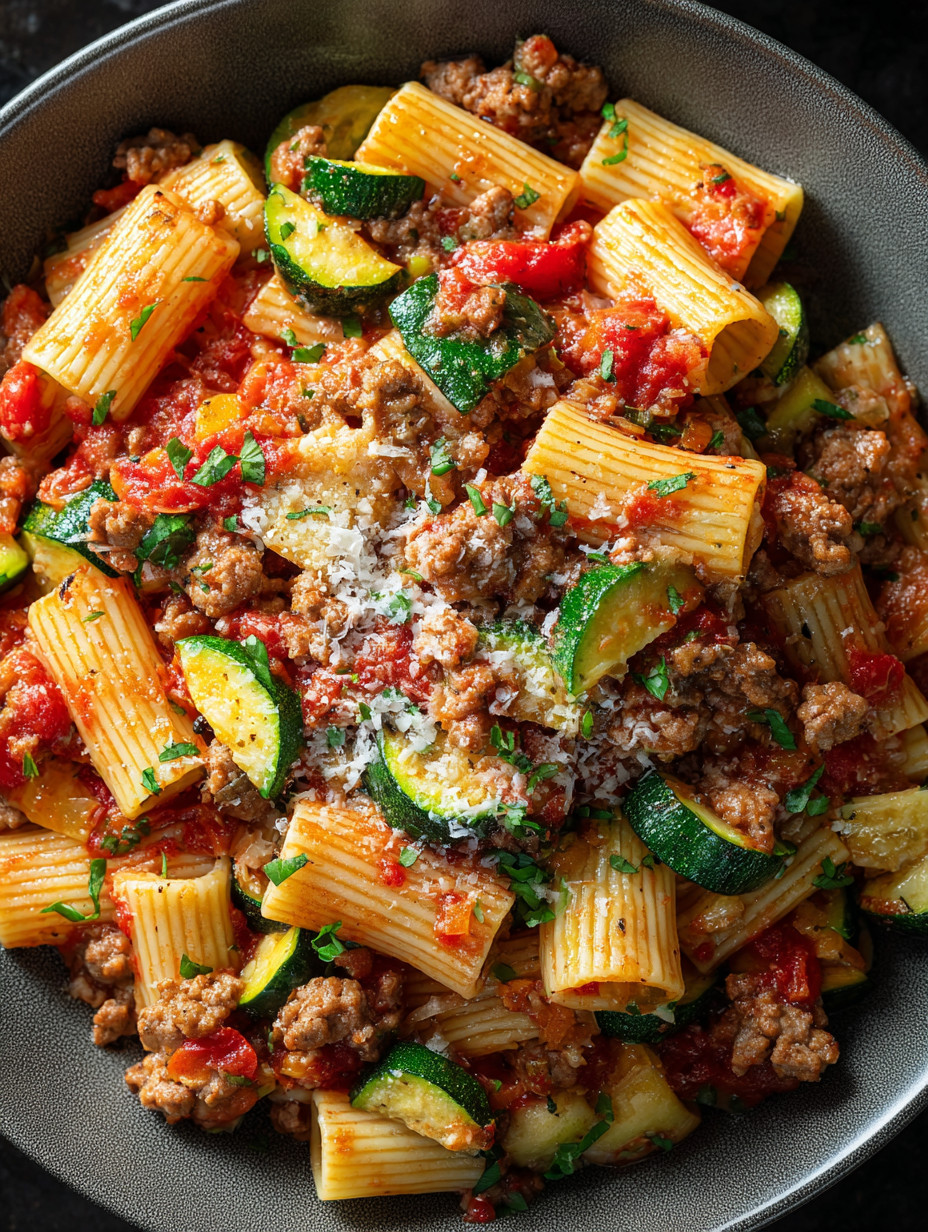 A bowl of pasta with meat and vegetables.