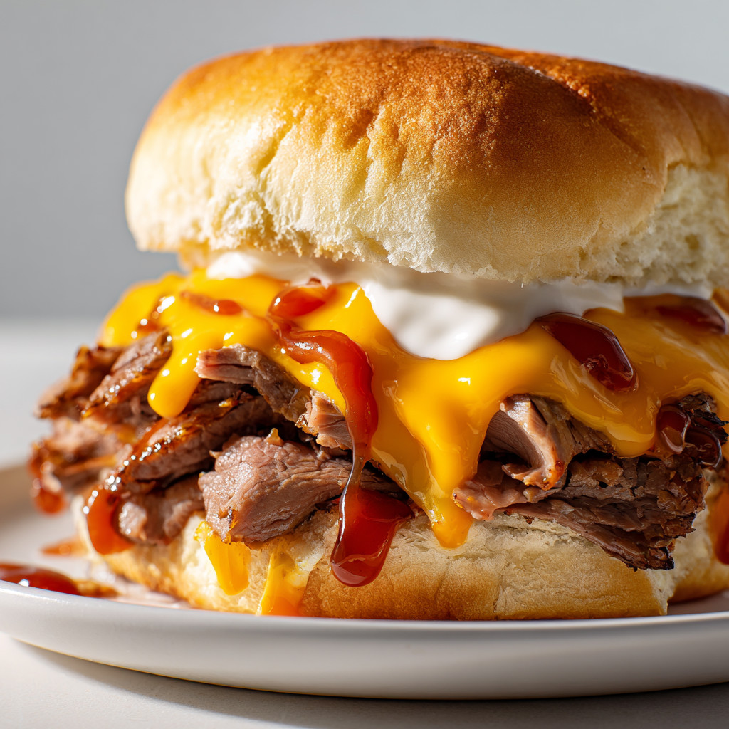 A sandwich with meat and cheese.