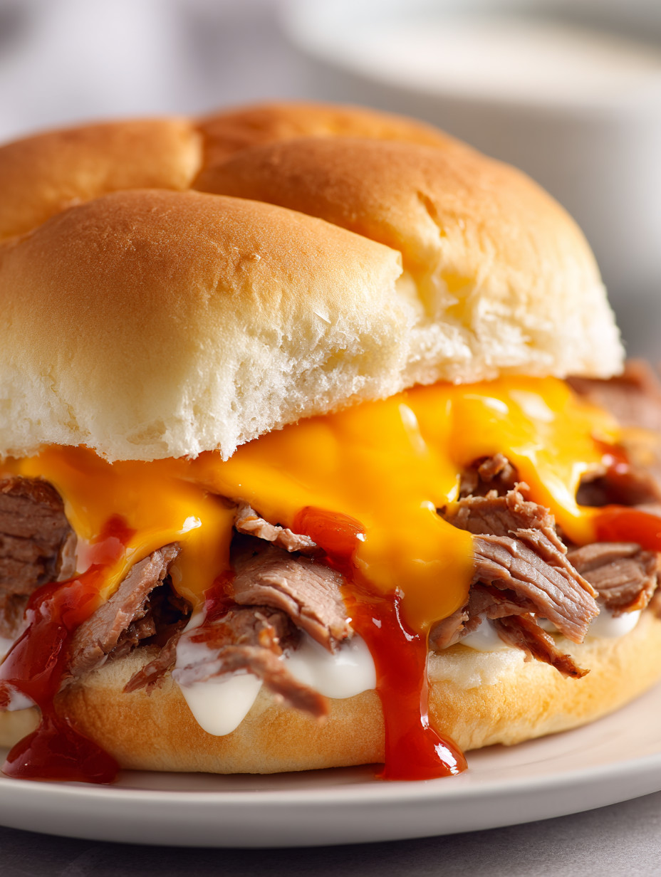 A sandwich with meat and cheese on a bun.