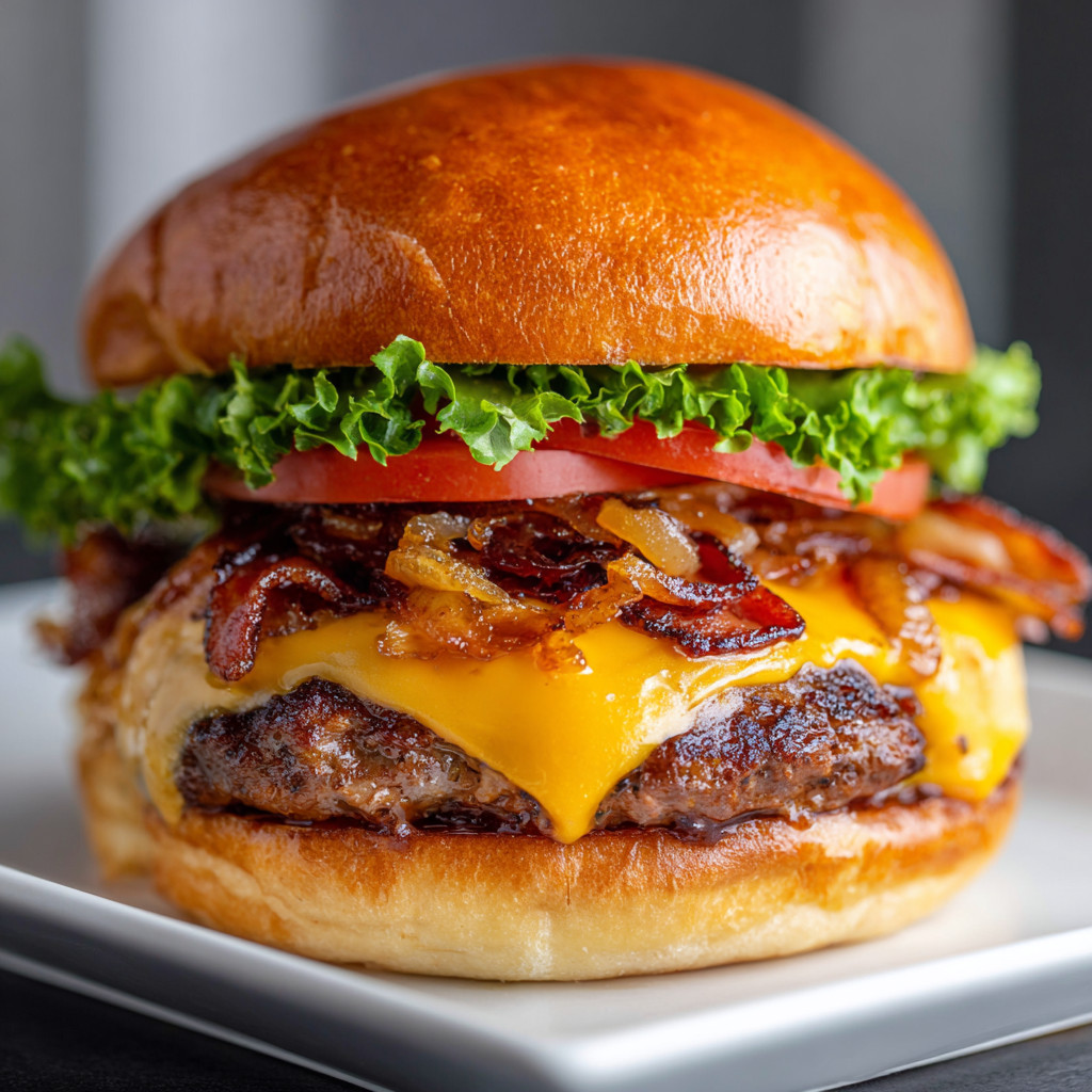 A burger with bacon and tomato on a bun.