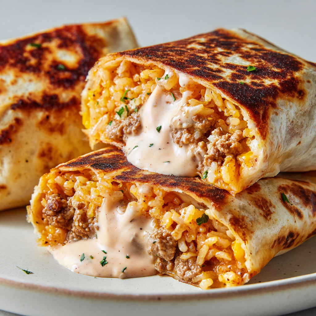 A plate with a burrito and rice.