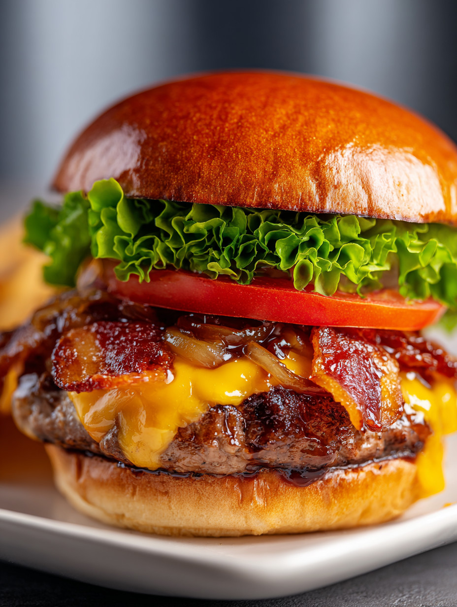 A close up of a burger with tomato, lettuce, and bacon.