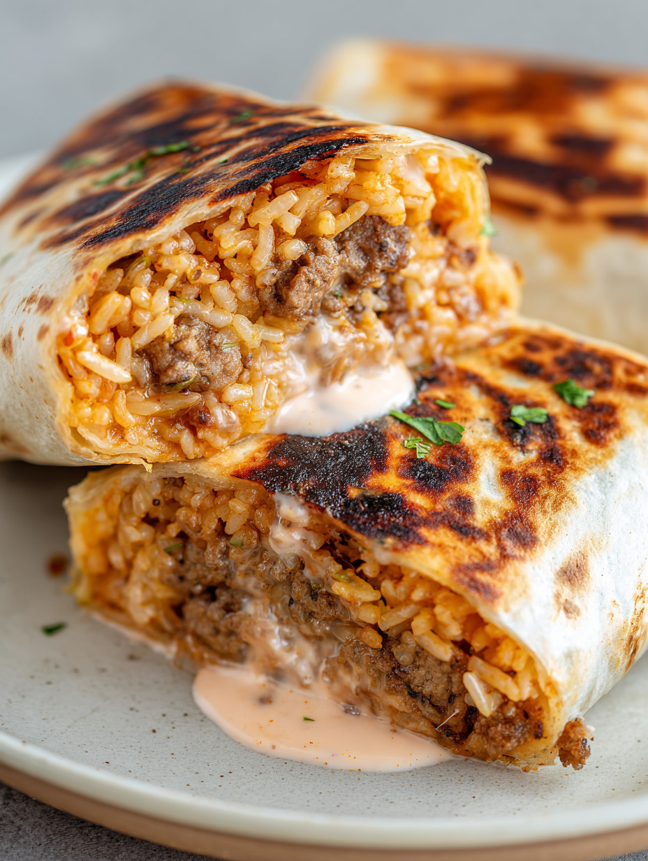 A burrito with rice and meat.