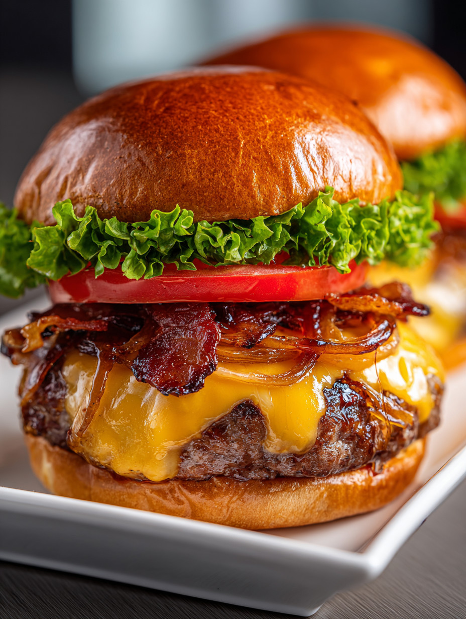 A close up of a burger with bacon and tomato.