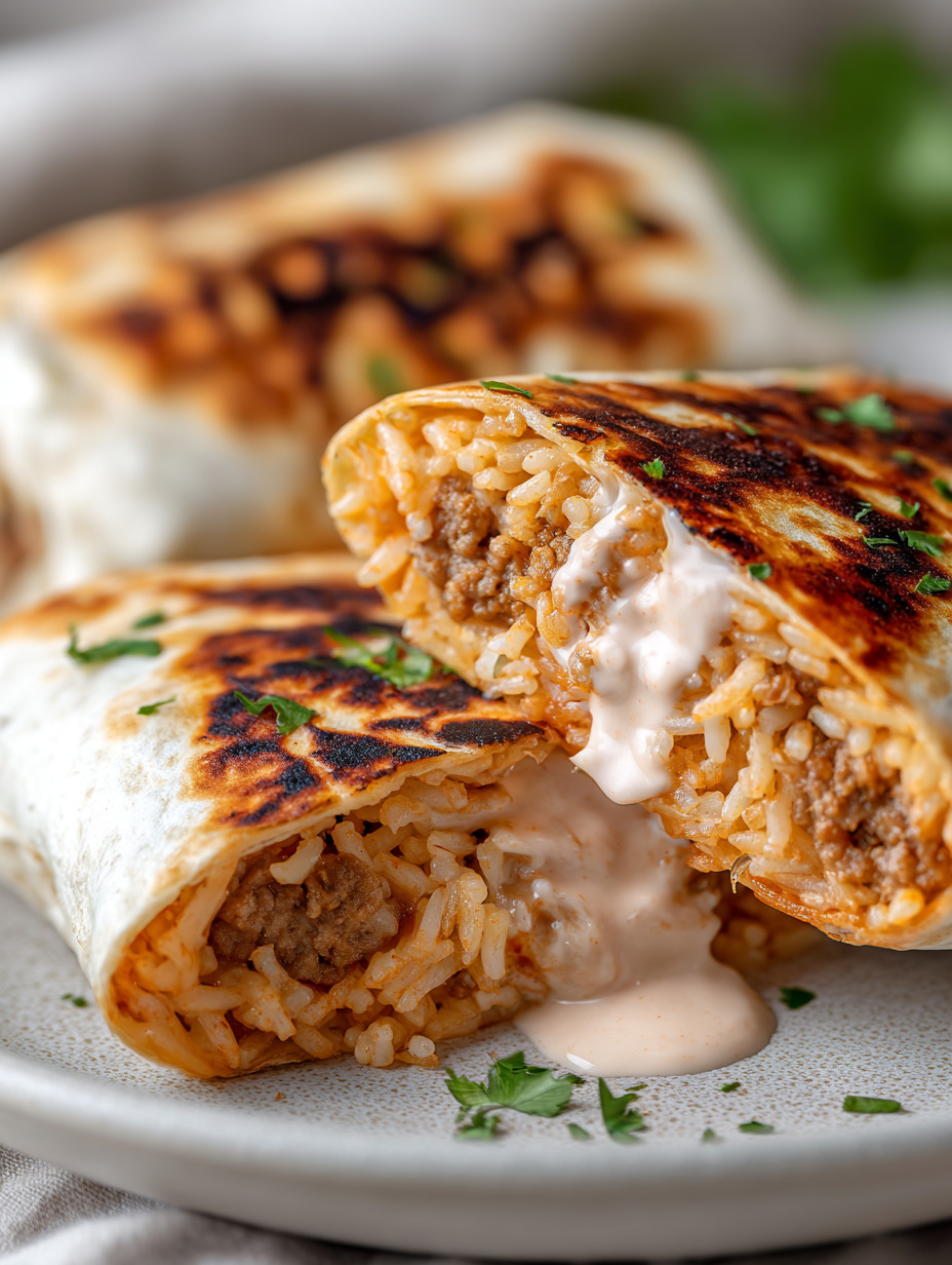 A plate of rice and meat with sauce.