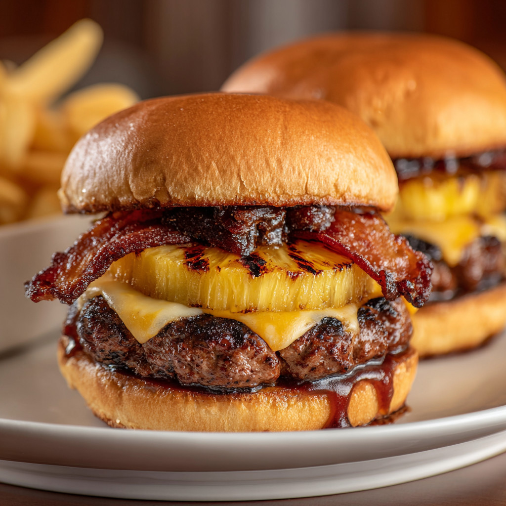 Two hamburgers with bacon and pineapple.