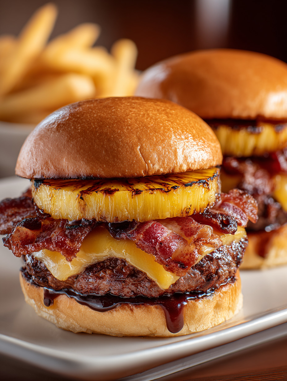 Two hamburgers with pineapple and bacon.