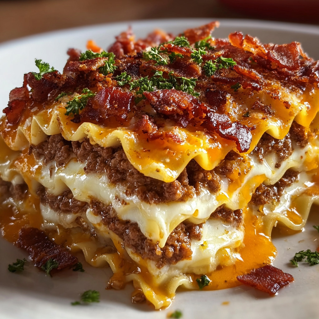 A stack of lasagna with bacon on top.