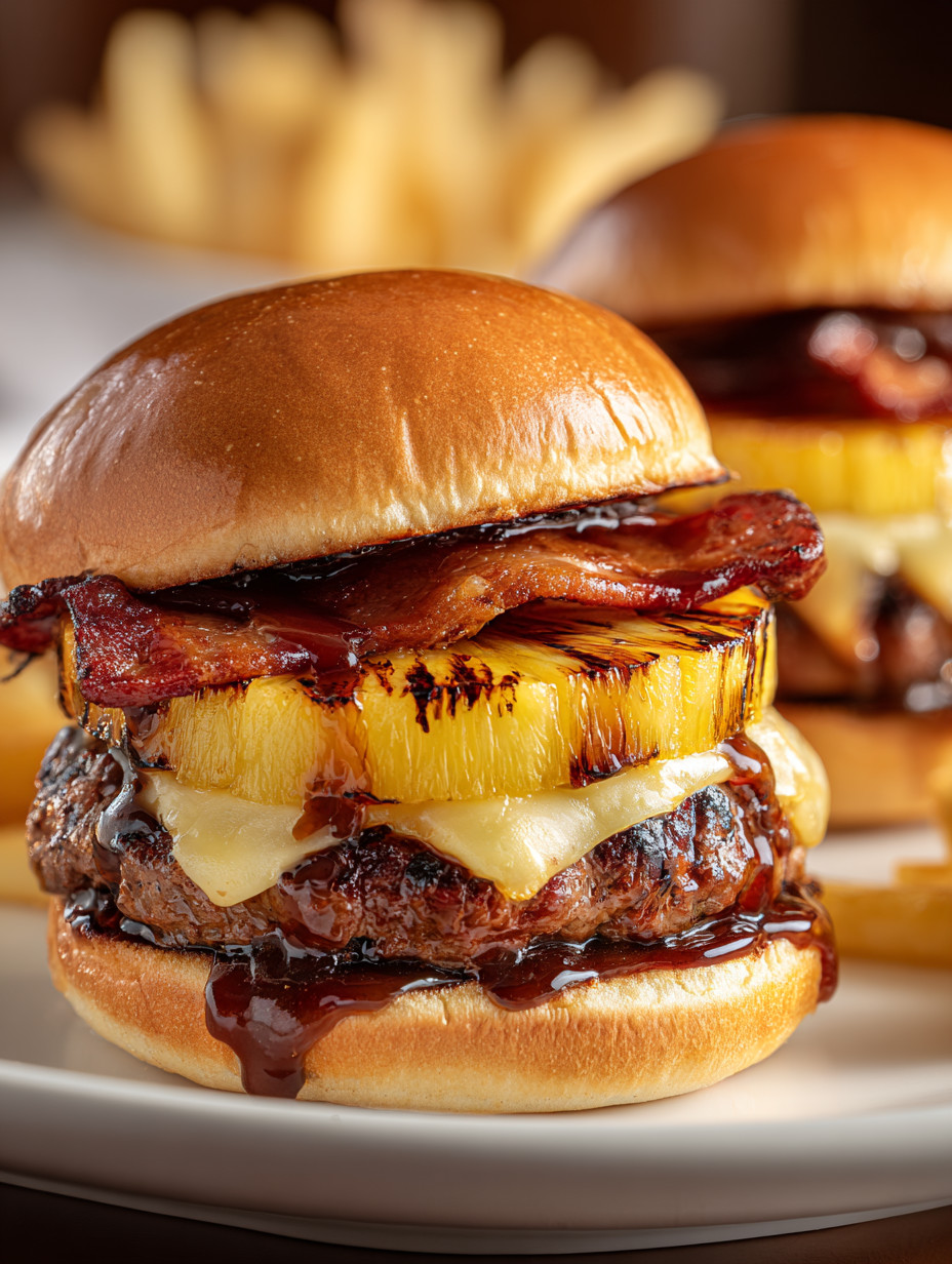 A burger with pineapple and bacon on top.