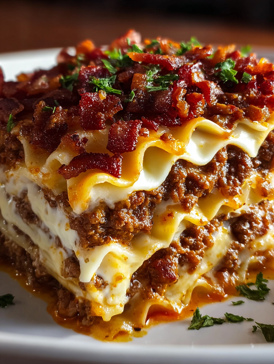A stack of lasagna with bacon on top.