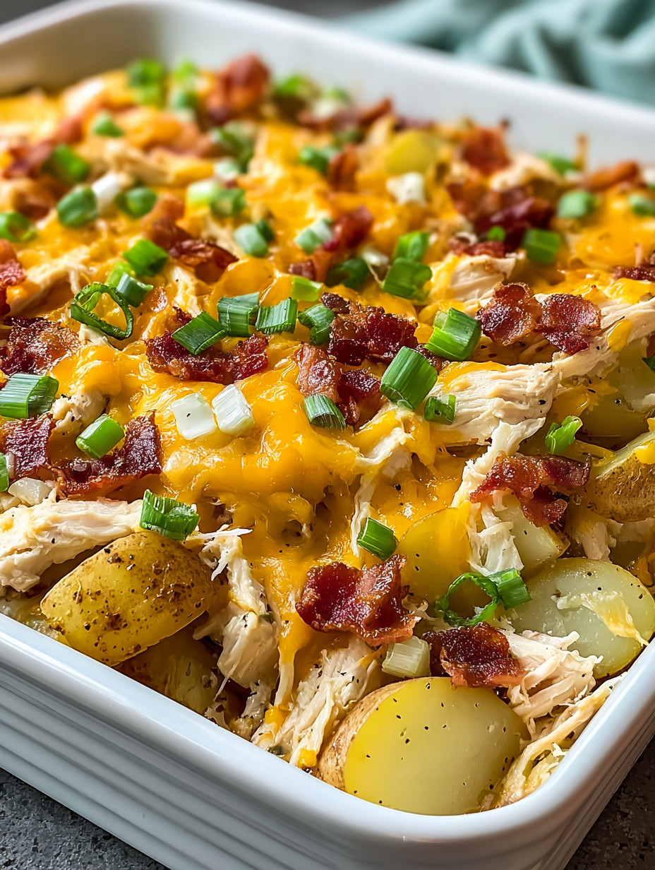 A dish of chicken and bacon with potatoes.