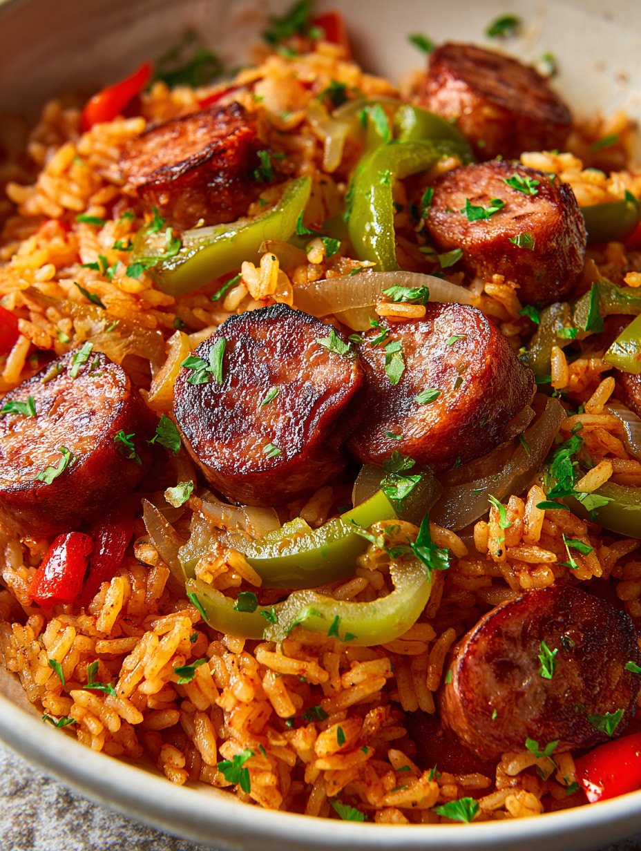 A plate of rice with sausage and peppers.