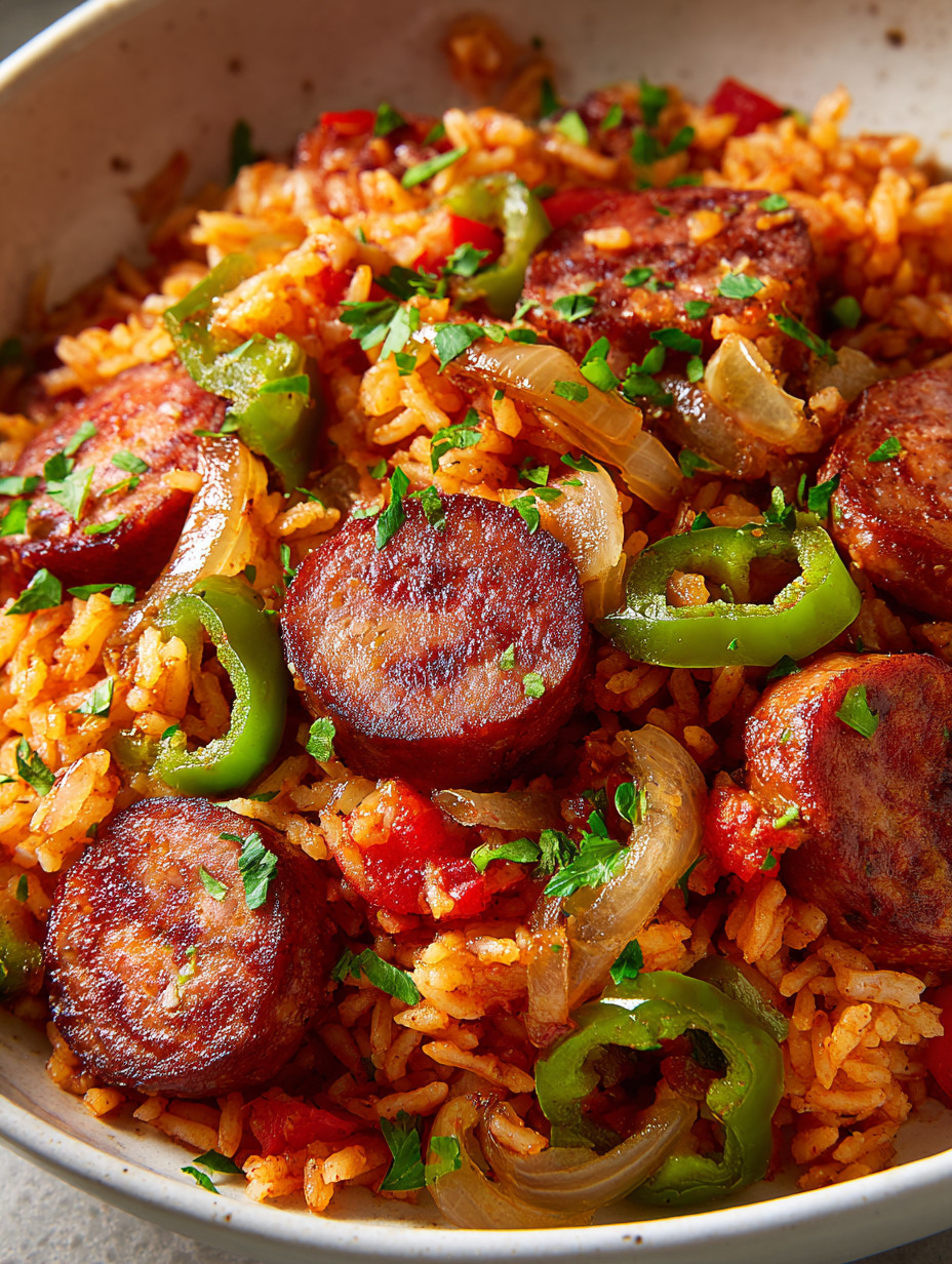 A bowl of rice with sausage and peppers.
