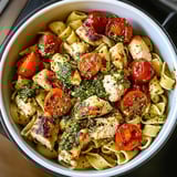 A bowl of pasta with chicken and tomatoes.