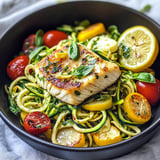 Une assiette de nourriture garnie de légumes frais et de zoodles de courgette.