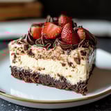 A super tasty chocolate tart with strawberries on a tray.