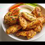 A plate of chicken wings with a dipping sauce.