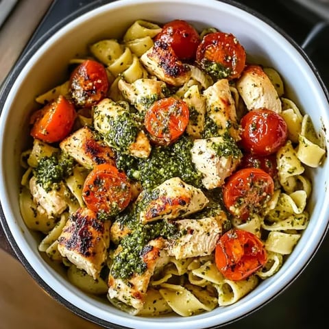 A bowl of pasta with chicken and tomatoes.