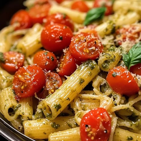 A plate of pasta with tomatoes and basil.