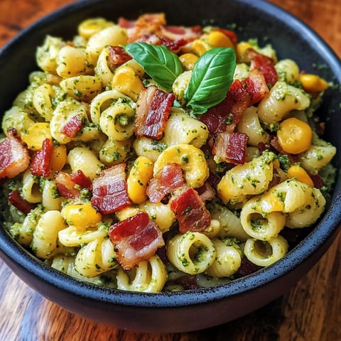 A bowl of pasta with bacon and spinach.