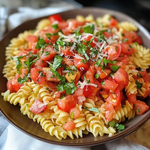 A bowl of pasta with tomatoes and basil.