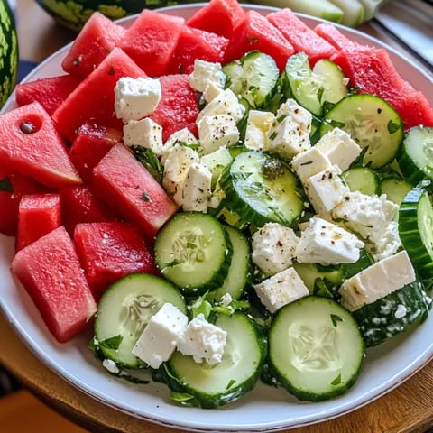 A plate of sliced watermelon and cucumber.