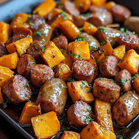 A dish of sausage and vegetables.