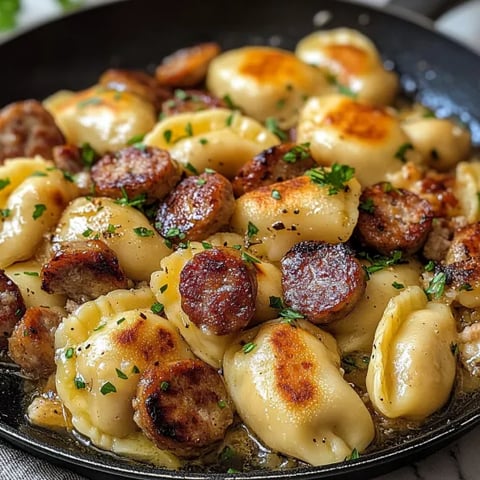 A plate of food with sausage and pasta.