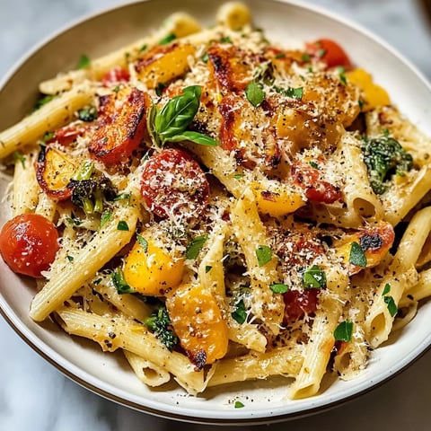 A bowl of pasta with tomatoes, broccoli, and cheese.