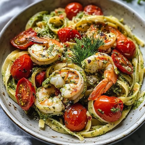 A bowl of pasta with shrimp, tomatoes, and spinach.