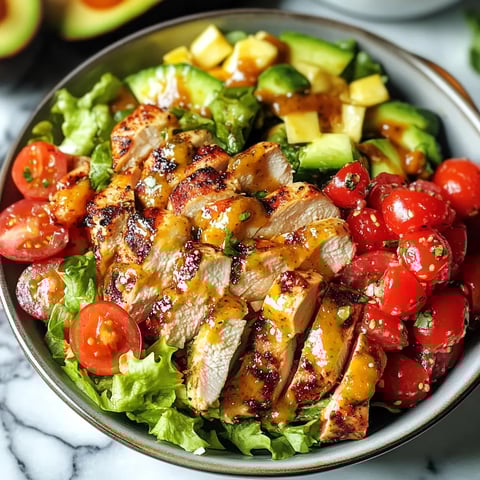 A bowl of food with chicken, tomatoes, and avocado.